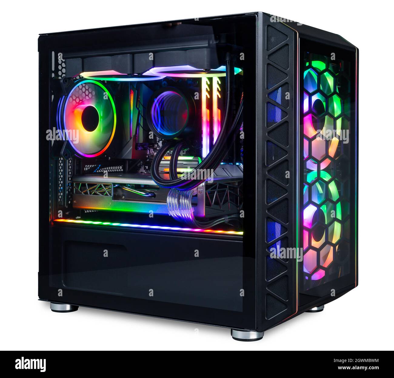 black custom gaming pc computer with glass windows and colorful