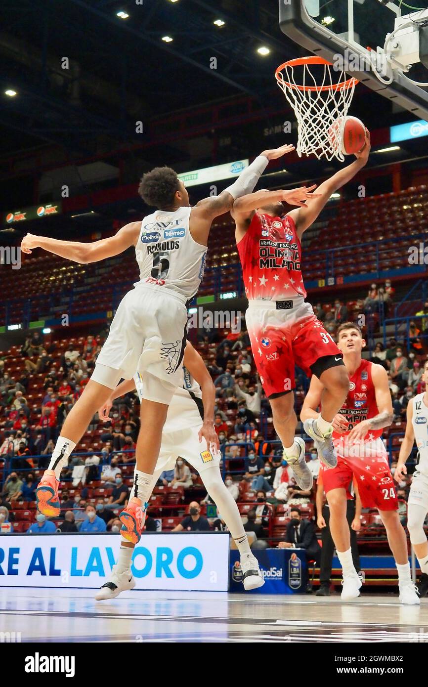 Milan, Italy. 03rd Oct, 2021. Shavon Shields (AX Armani Exchange Olimpia  Milano) thwarted by Cameron Reynolds (Dolomiti Energia Trento) during A|X  Armani Exchange Milano vs Dolomiti Energia Trentino, Italian Basketball A  Serie