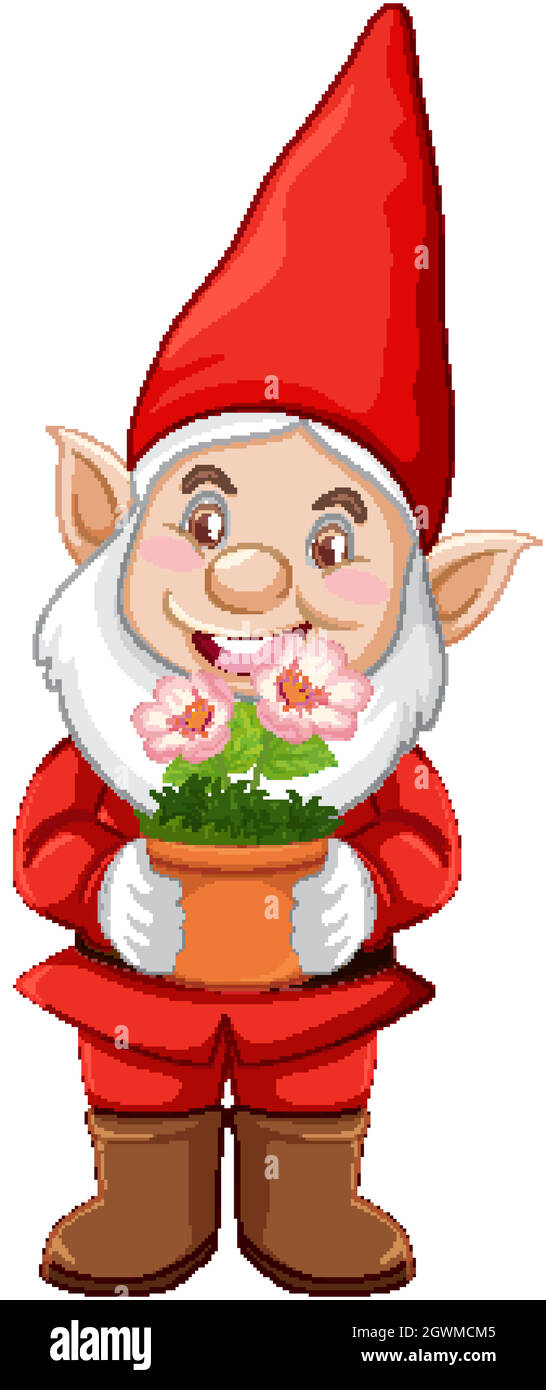 Gnome with plant pot in cartoon character on white background Stock Vector