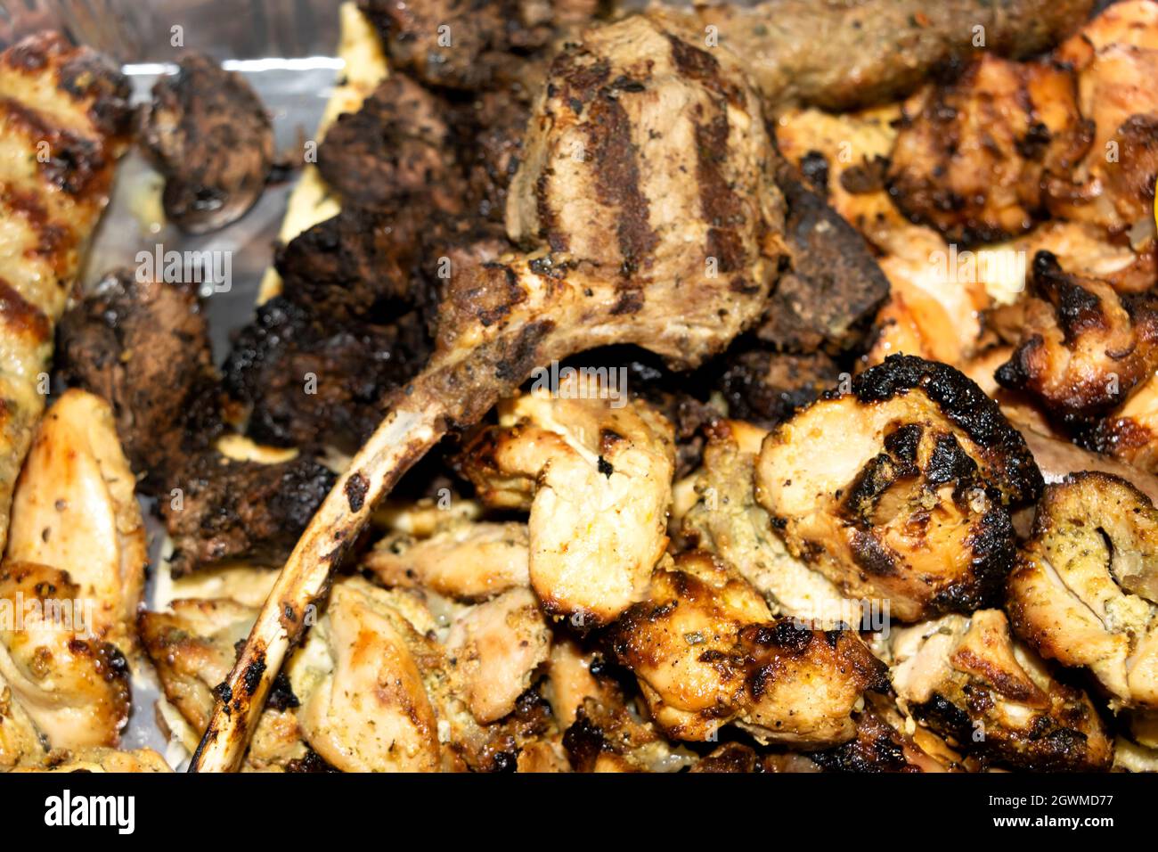 Closeup Image Of Middle East Style Grilled Chicken And Mutton Kabobs. Selective Focus Stock Photo