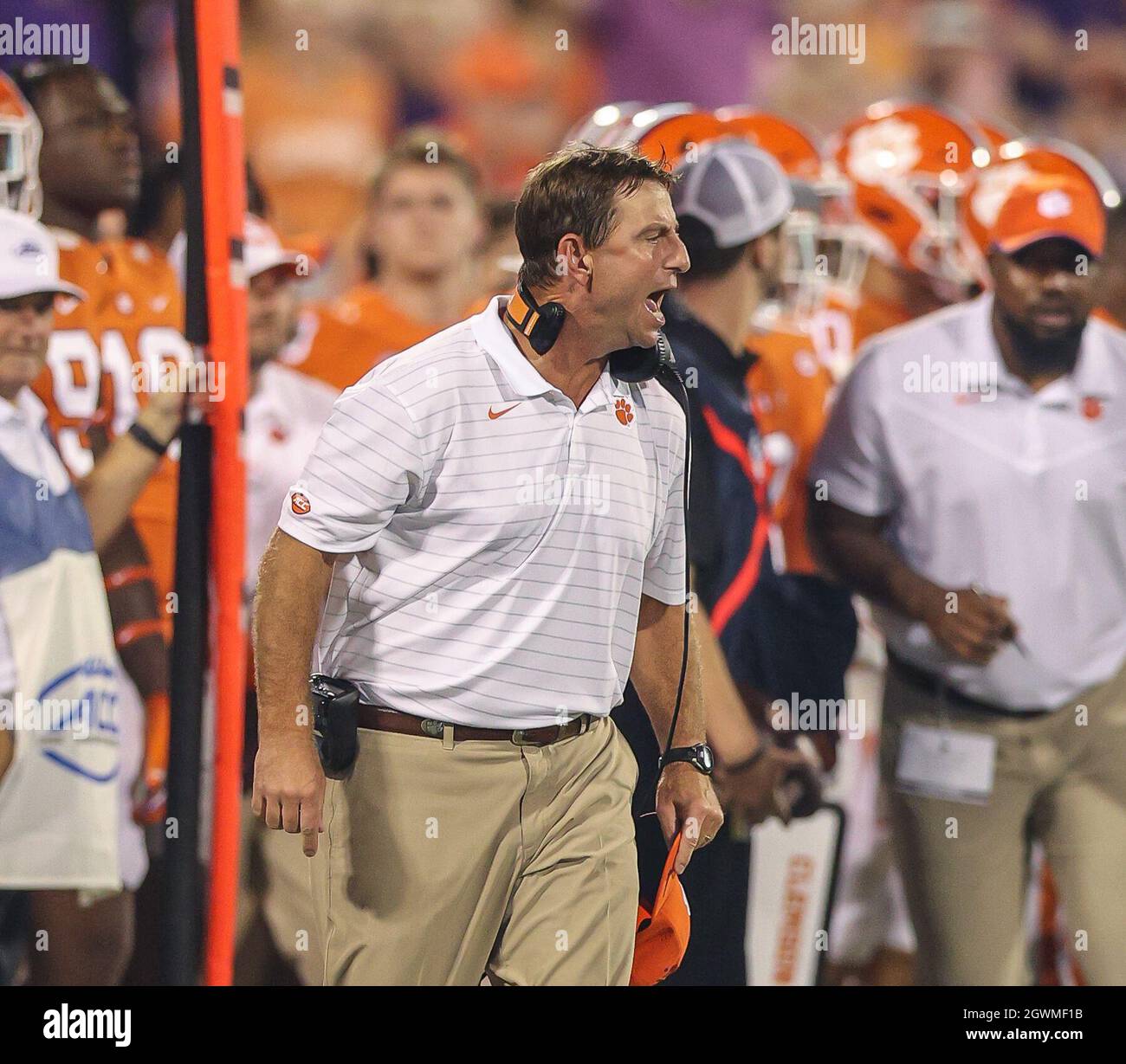 October 2, 2021: Clemson head coach Dabo Swinney yells at the officials  following a Tiger penalty during the NCAA football game between the Boston  College Eagles and the Clemson Tigers at Memorial