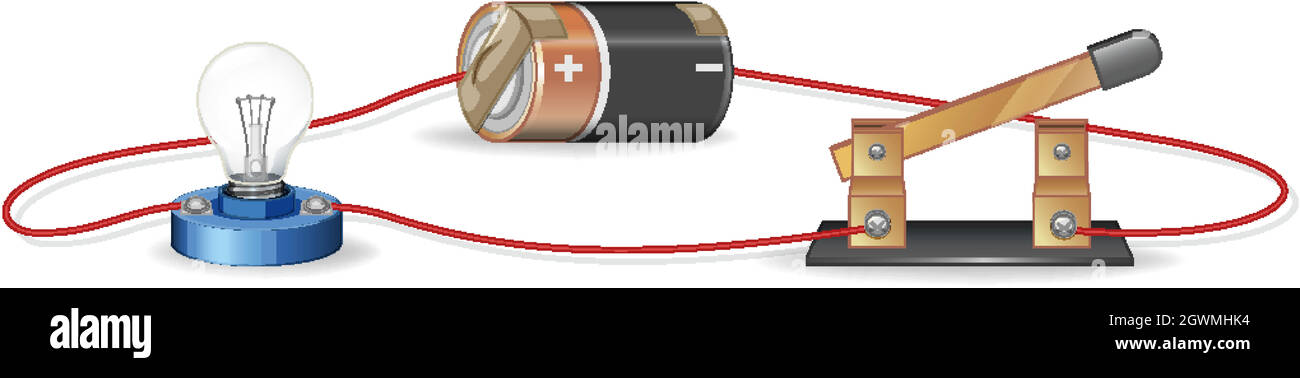 Diagram showing electric circuit with battery and lightbulb Stock Vector