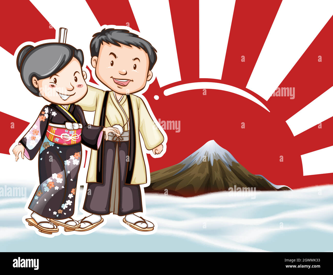 Japanese couple with moutain view background Stock Vector
