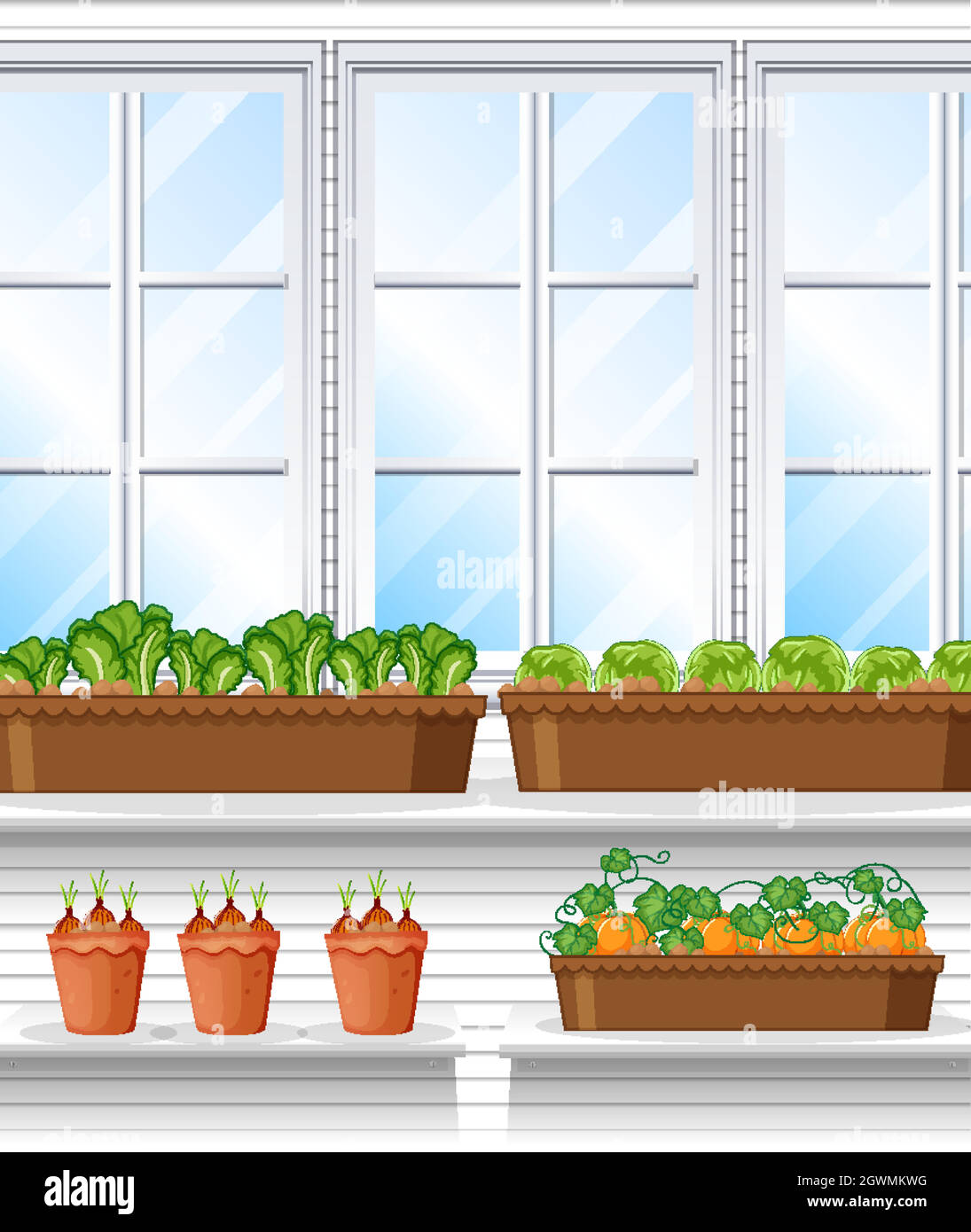 Vegetable plants with window background scene Stock Vector