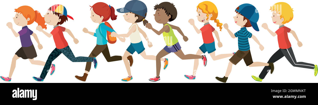 Boys and girls running in group Stock Vector