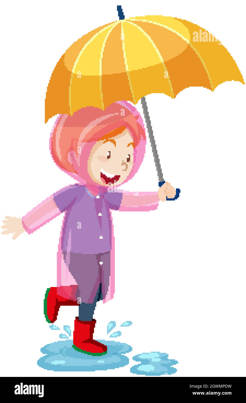 A kid wearing raincoat and holding umbrella and jumping in puddles cartoon style isolated on white background Stock Vector