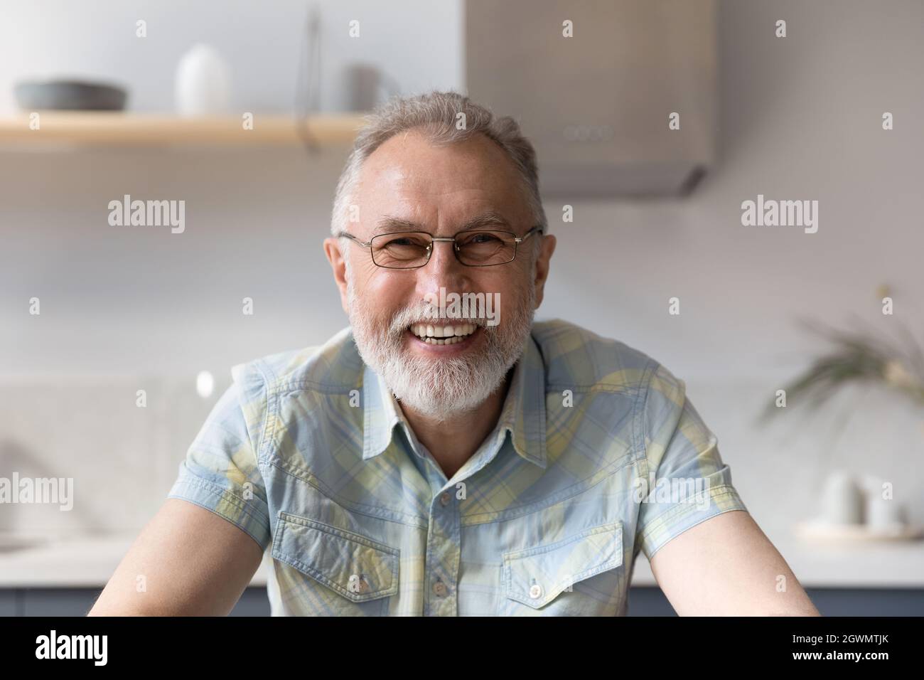 Portrait of smiling older retired man in eyeglasses. Stock Photo