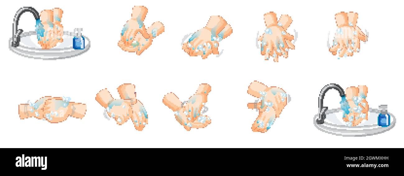 Different steps of washing hands on white background Stock Vector Image
