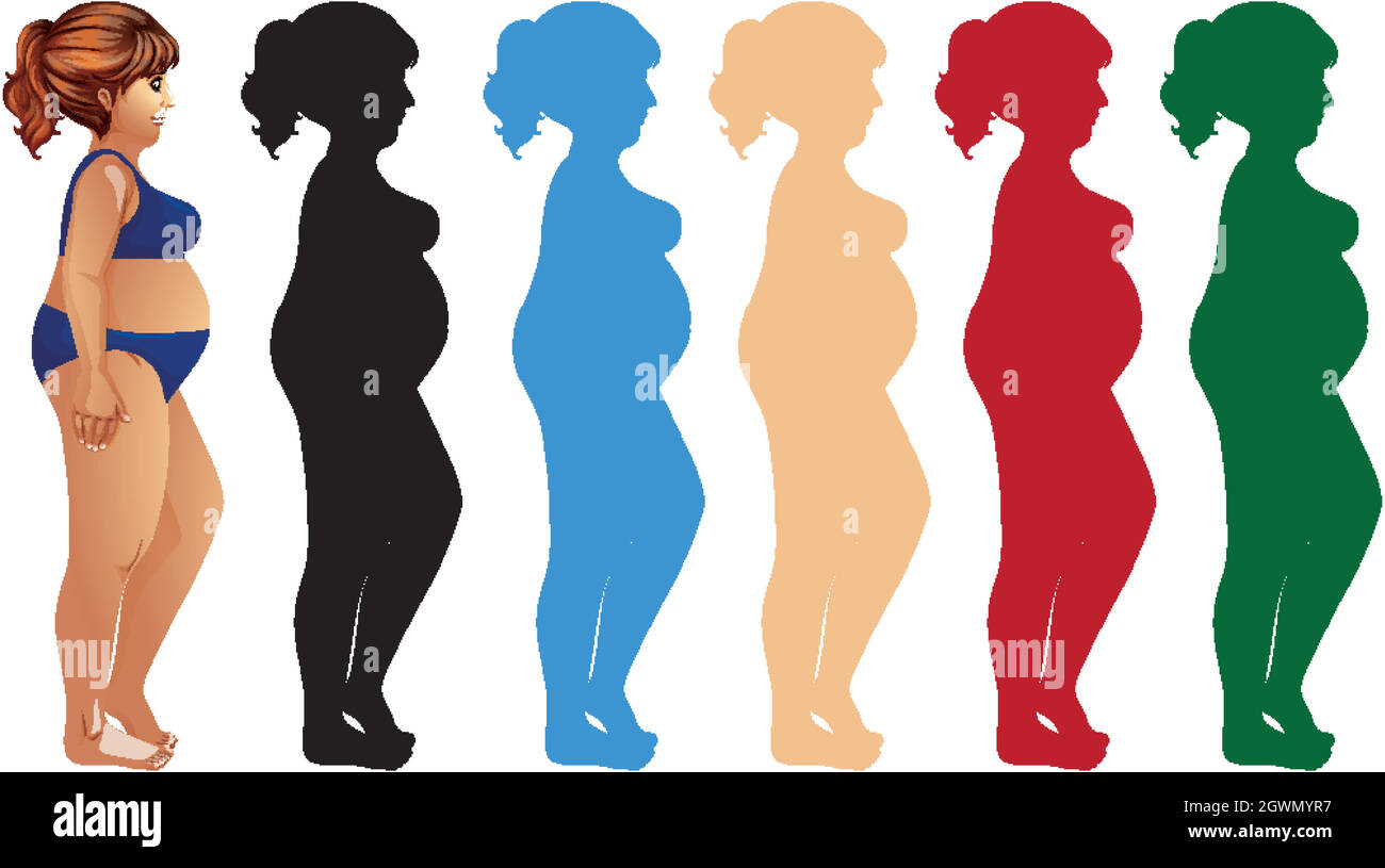 Fat woman and silhouette in different color Stock Vector