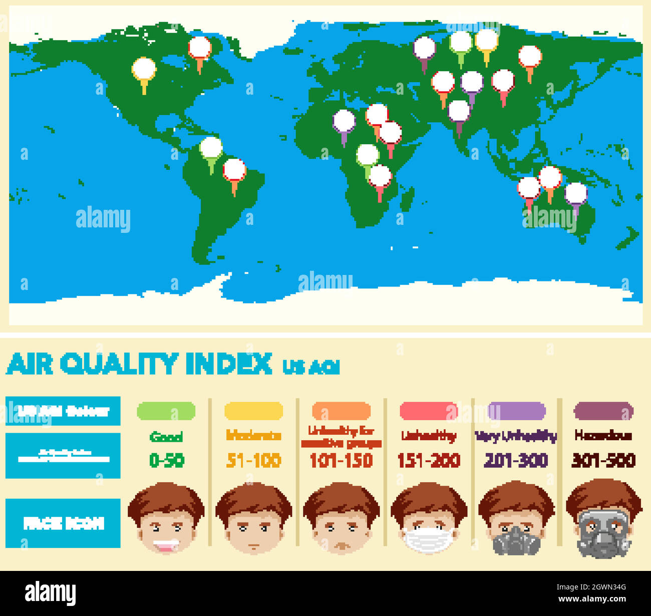 Diagram showing air quality index with world map in background Stock 