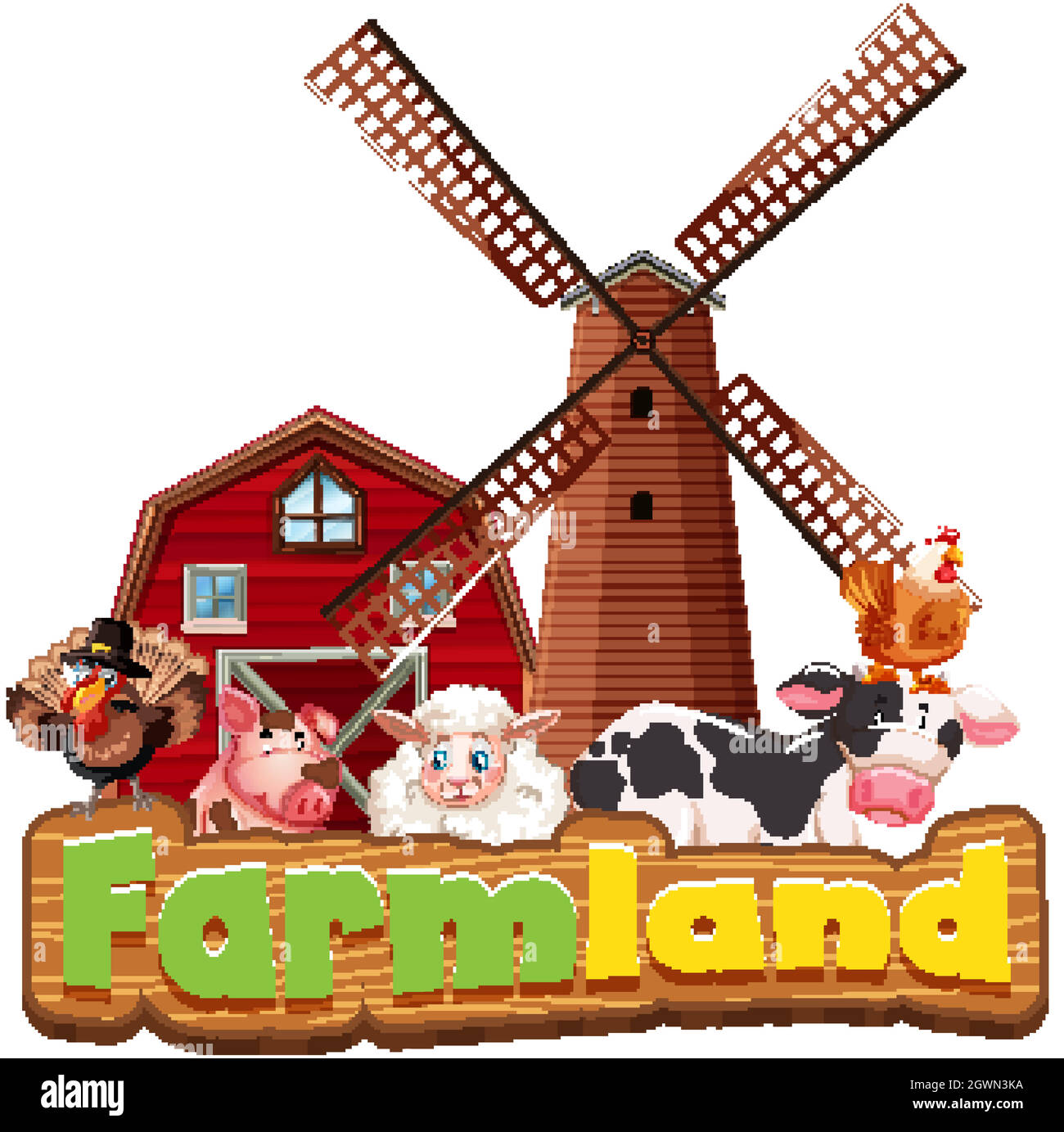 Font design for word farmland with farm animals Stock Vector