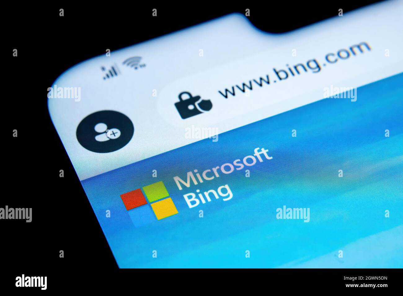 Microsoft BING search engine website in Microsoft Edge browser seen on smartphone screen. Selective focus. Stafford, United Kingdom, October 3, 2021. Stock Photo