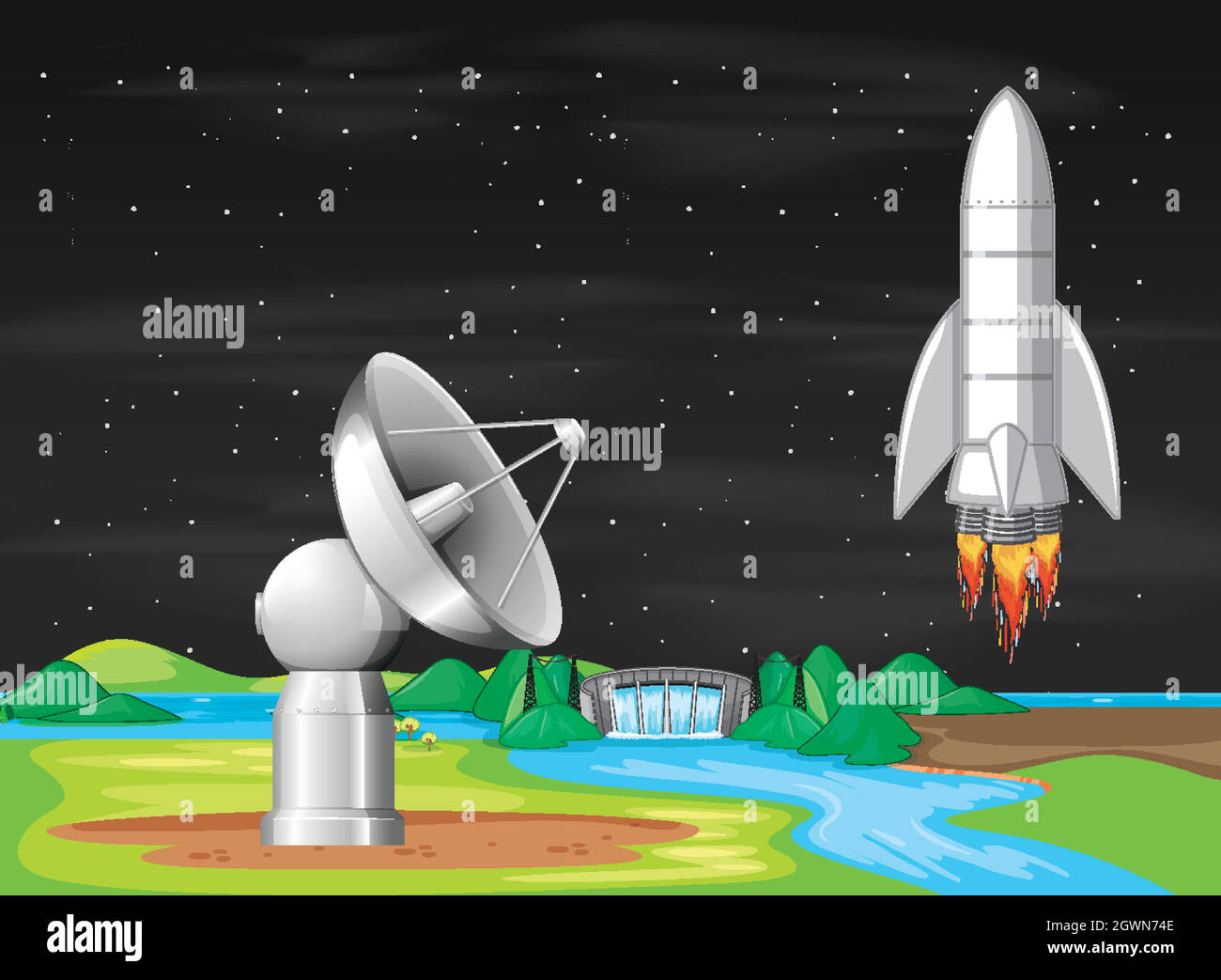 Scene with spaceship flying in the sky Stock Vector Image & Art - Alamy