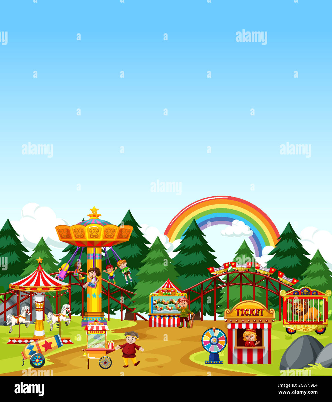Amusement park scene at daytime with blank bright blue sky Stock Vector ...