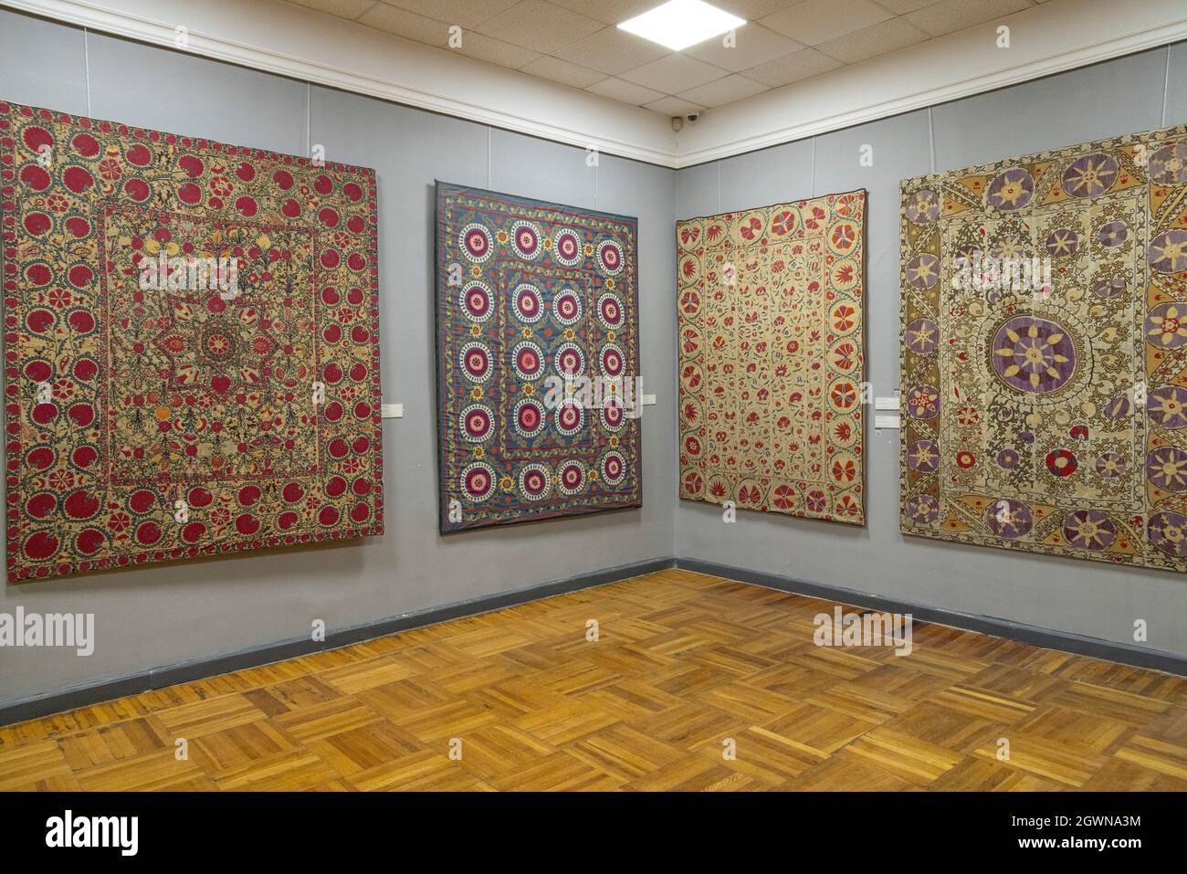 display of embroideries (suzani), State Museum of Applied Arts of Uzbekistan Tashkent, Uzbekistan Stock Photo