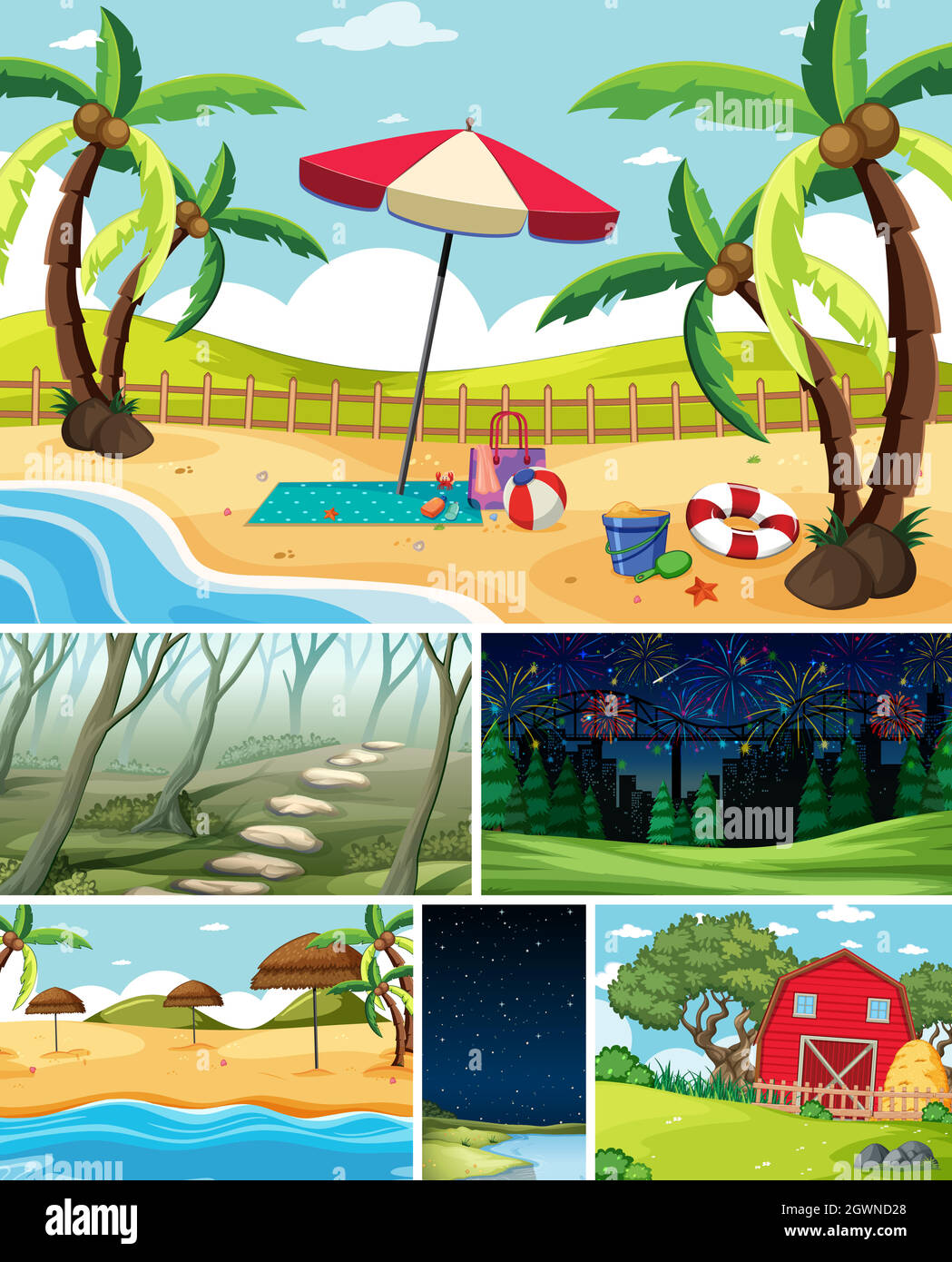 Six different scenes in nature setting cartoon style Stock Vector