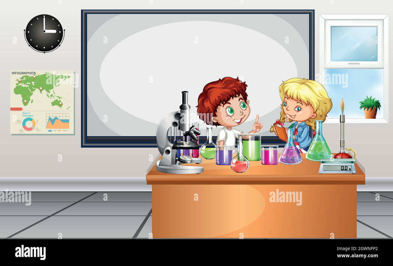 Children working on lab experiment Stock Vector