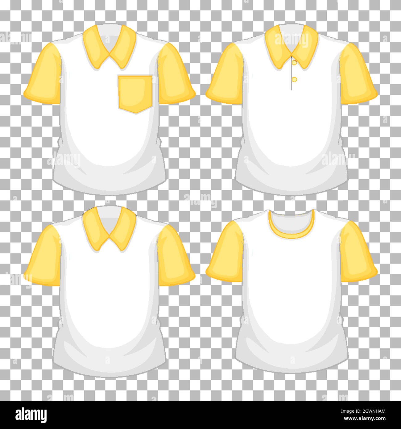 Set of different shirts with yellow sleeves isolated on transparent background Stock Vector