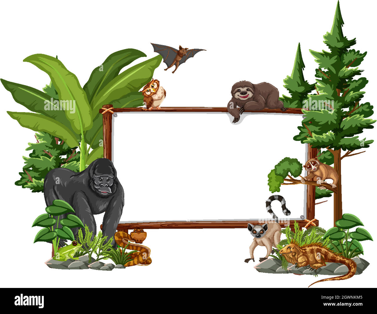 Empty banner with wild animals and rainforest trees on white background ...