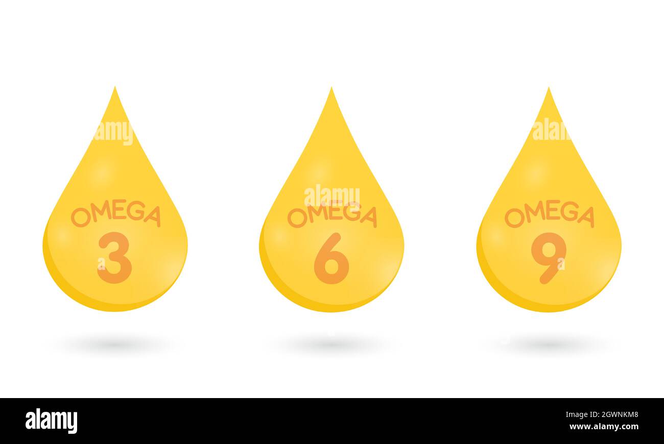 Omega 3, 6, 9, gold icon. Vitamin drop pill capsule. Shining golden essence droplet. Vector illustration. Stock Vector