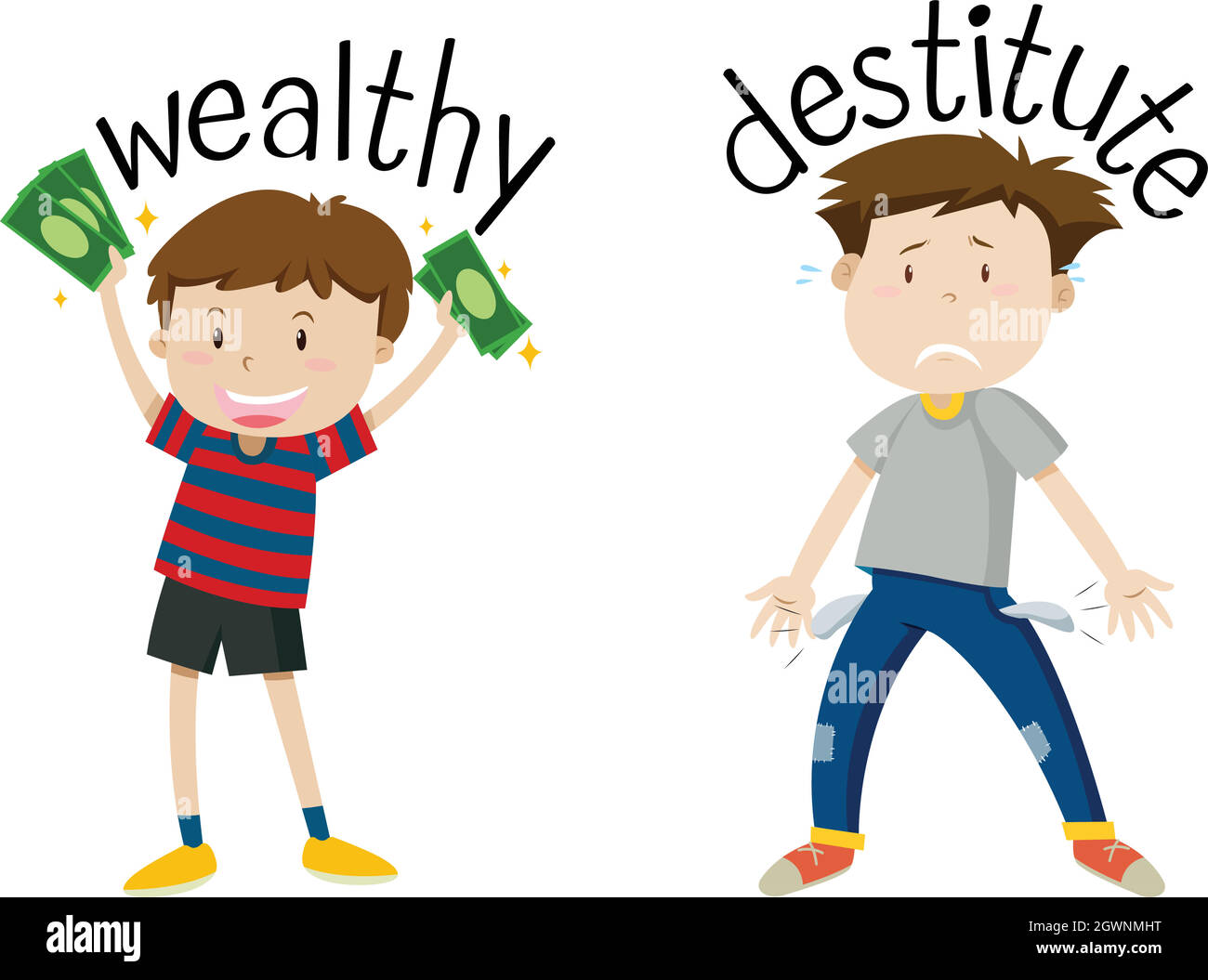 English opposite word of wealthy and destitute Stock Vector