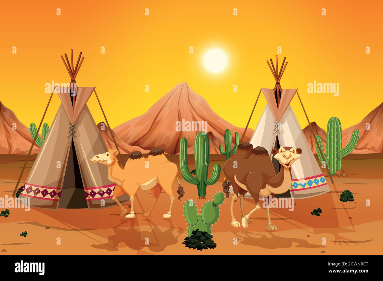 Camels and teepee in desert Stock Vector
