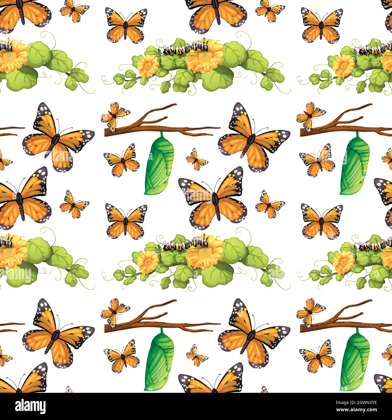 Seamless background with butterflies and leaves Stock Vector Image ...