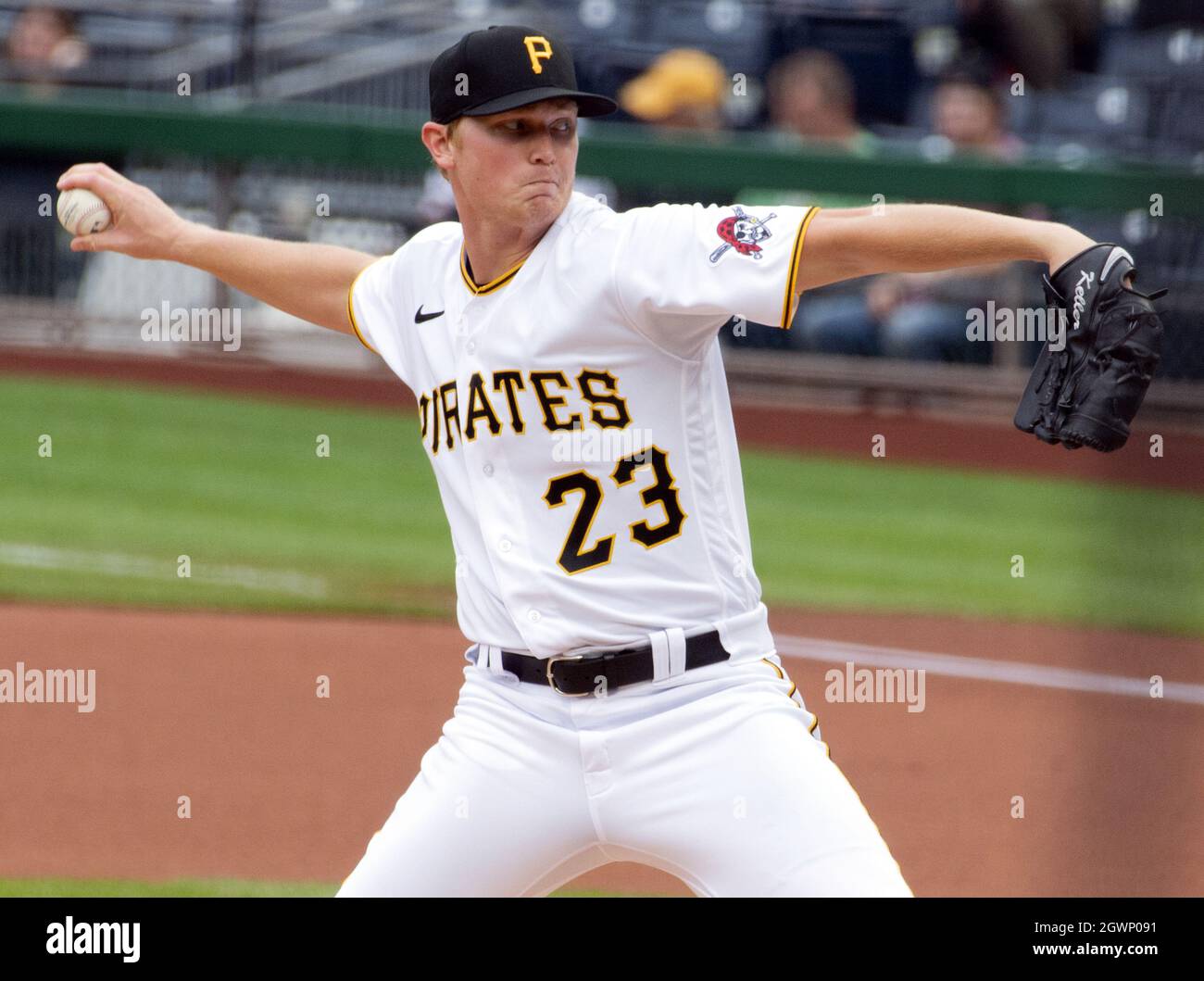 Pittsburgh, United States. 03rd Oct, 2021. Pittsburgh Pirates starting pitcher Mitch Keller (23) throws in the first inning against the Cincinnati Reds at PNC Park on Sunday, October 3, 2021 in Pittsburgh. Photo by Archie Carpenter/UPI Credit: UPI/Alamy Live News Stock Photo