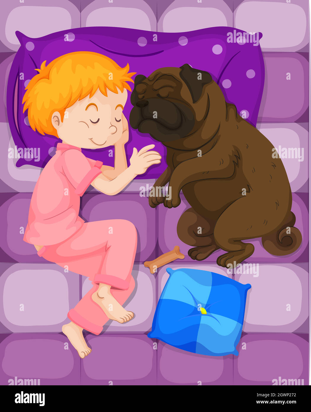 Little boy sleeping with pet dog in bed Stock Vector