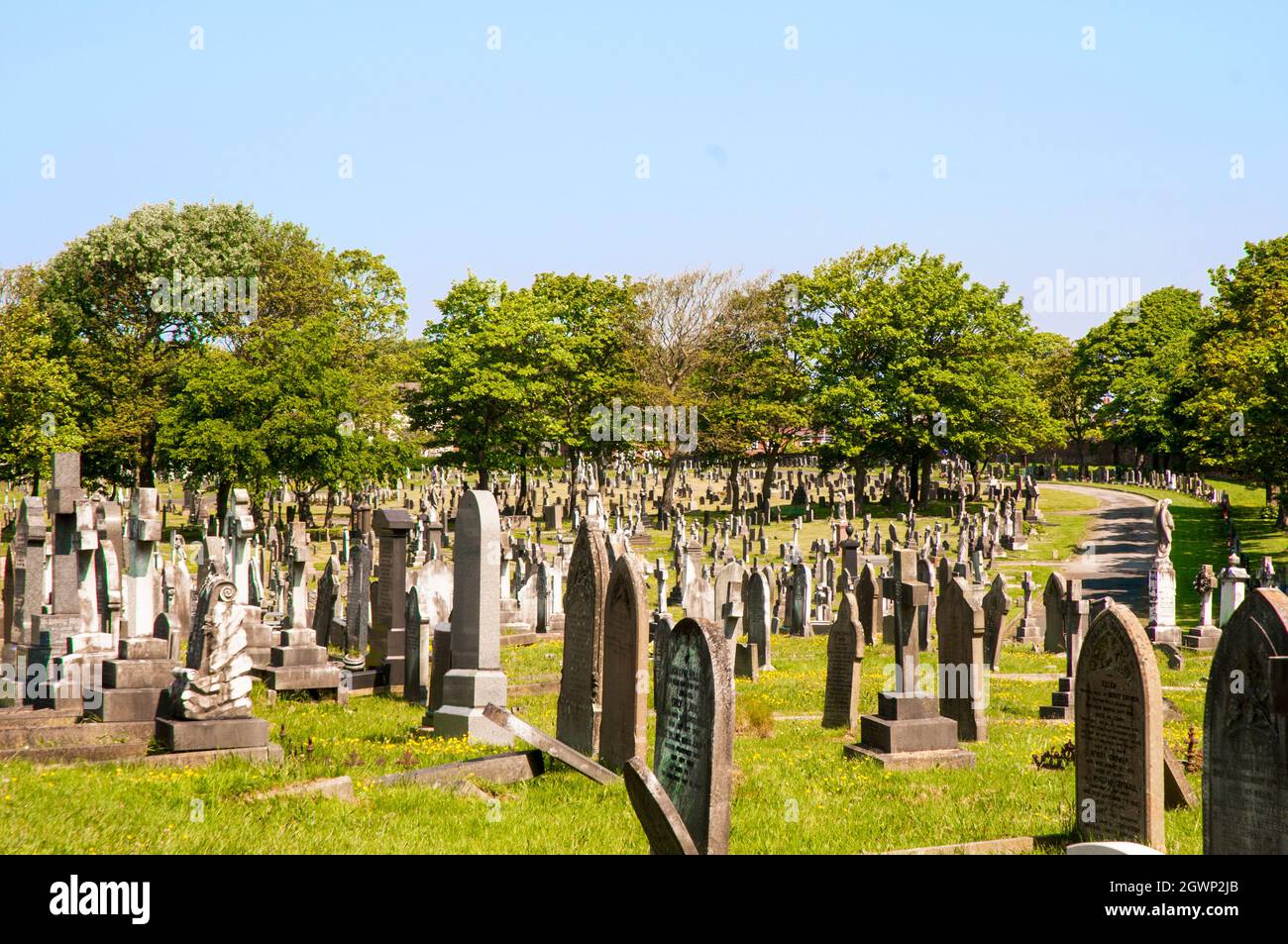 View of old gravestones in large cemetery in Layton Blackpool Lancashire England United Kingdom UK Stock Photo