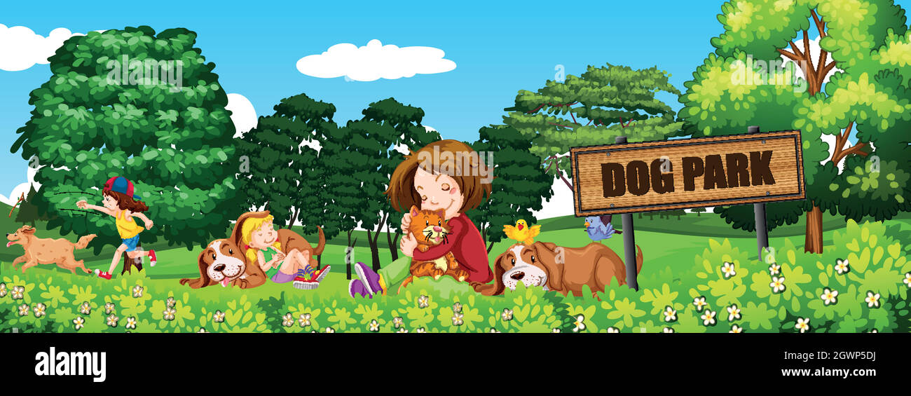 People and dogs at the dog park Stock Vector