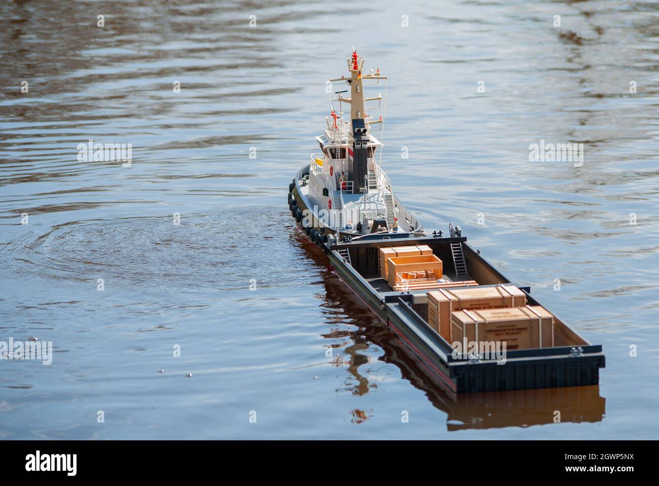 Remote Controlled Ship Model Is Remote Controlled On A Lake Stock Photo