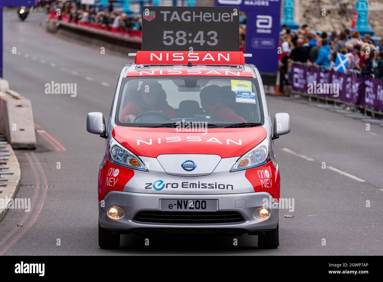 Nissan e-NV200 light commercial vehicle, official electric powered timing car in the Virgin Money London Marathon 2021. Eco friendly city vehicle Stock Photo
