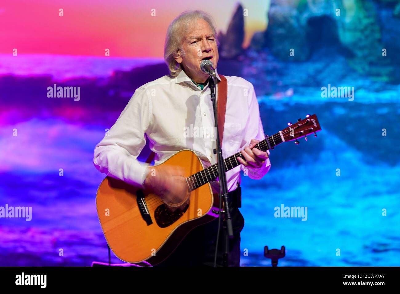 Justin Hayward of the Moody Blues performs in concert at the Paramount on October 2, 2021 in Huntington, New York. Stock Photo