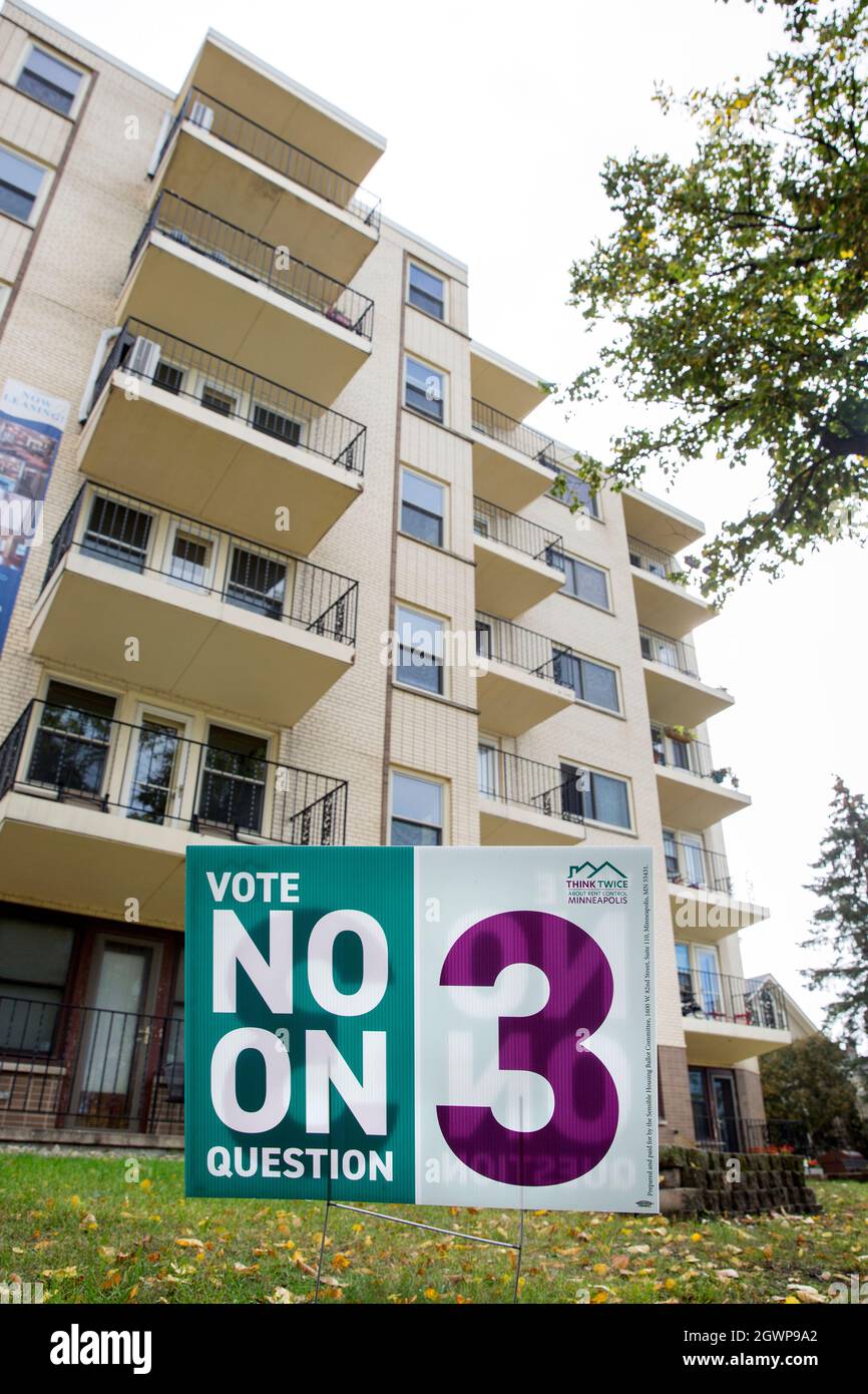Political yard sign for voting no on Minneapolis city election ballot question and measure 3 for rent control regulation Stock Photo