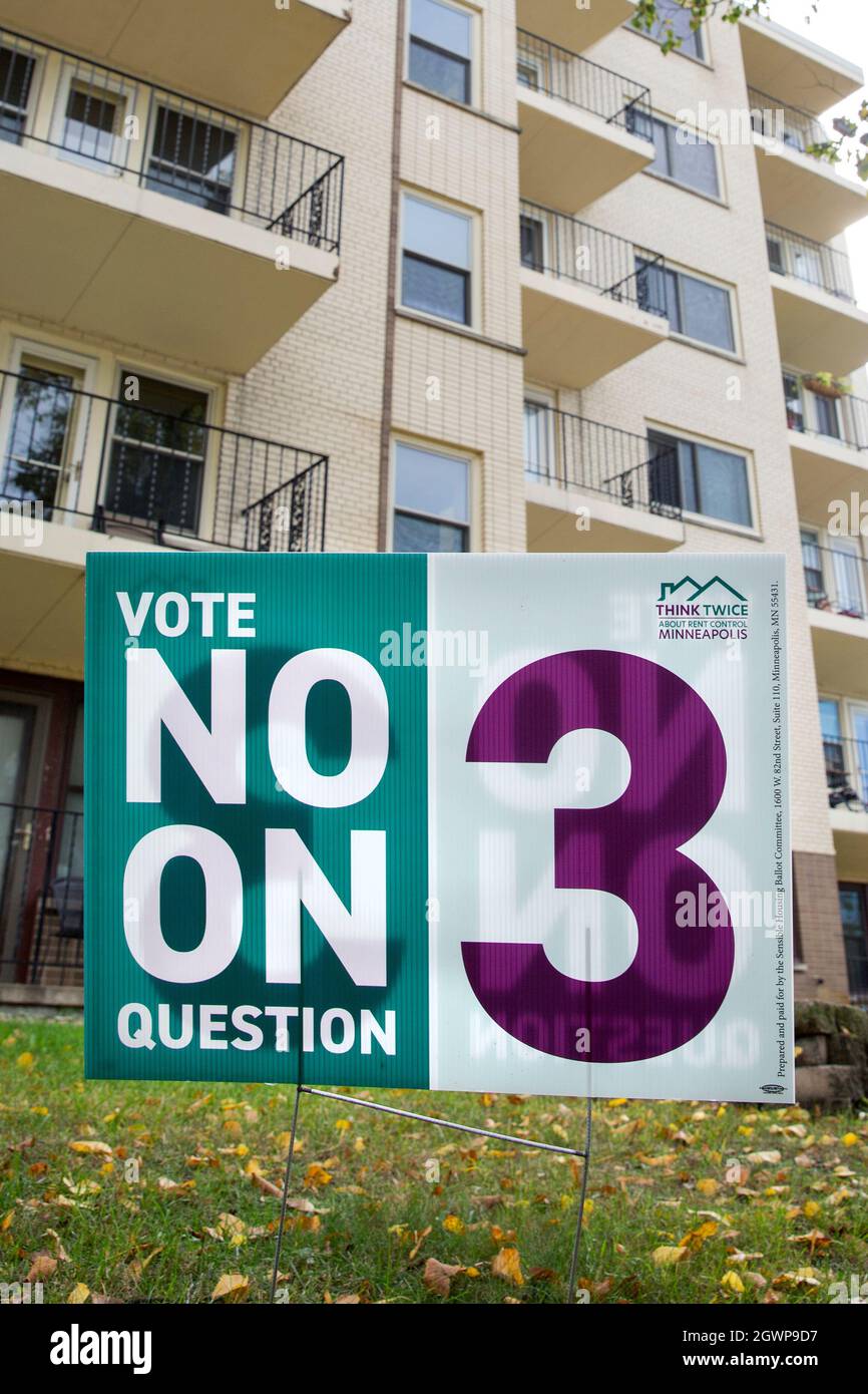 Political yard sign for voting no on Minneapolis city election ballot question and measure 3 for rent control regulation Stock Photo
