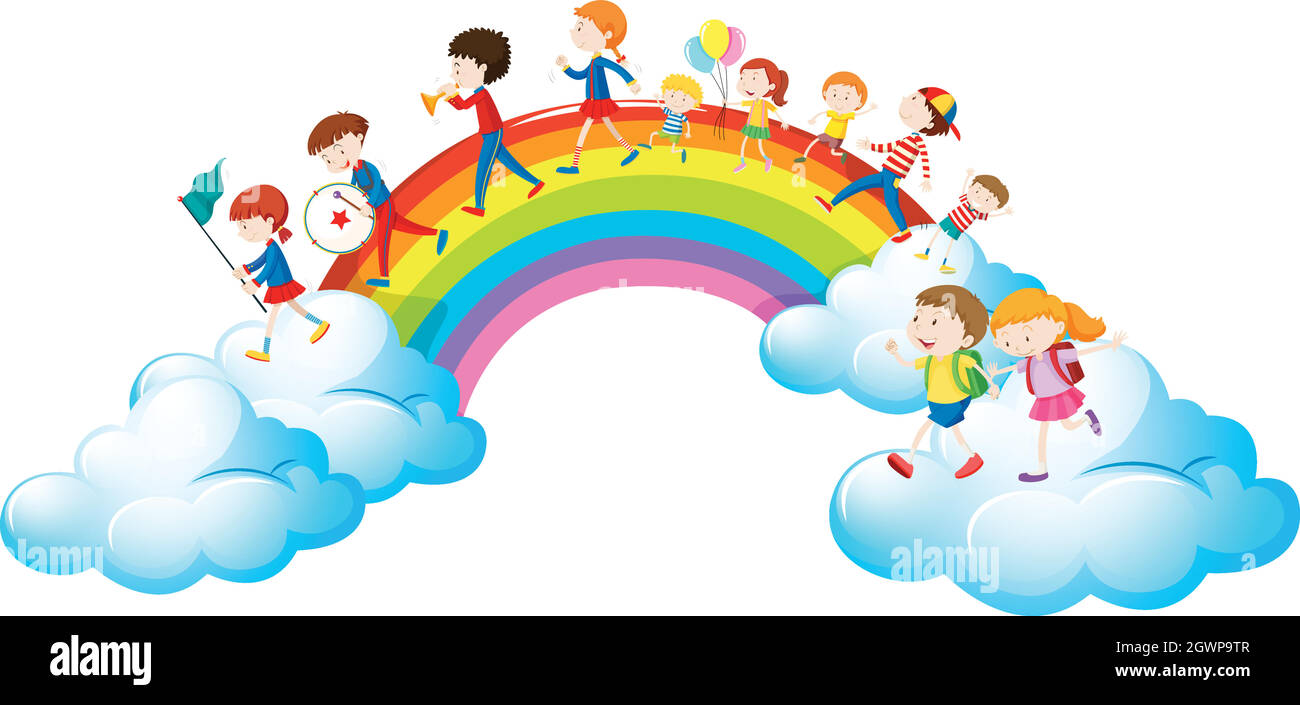 Children in parade over the rainbow Stock Vector