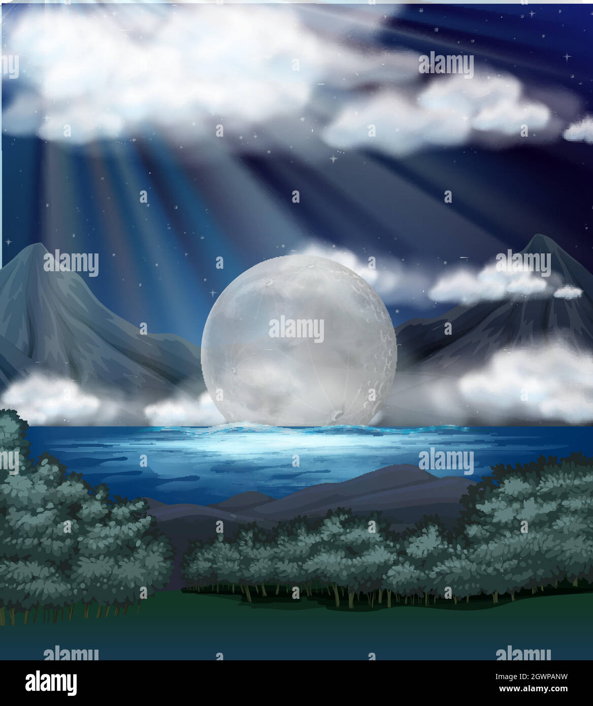 Scene with fullmoon over lake Stock Vector
