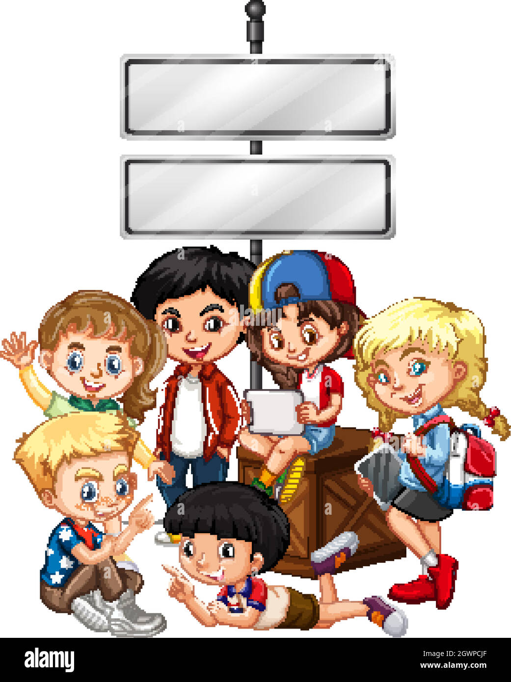 Blank sign template with kids and wooden box Stock Vector Image &amp; Art ...