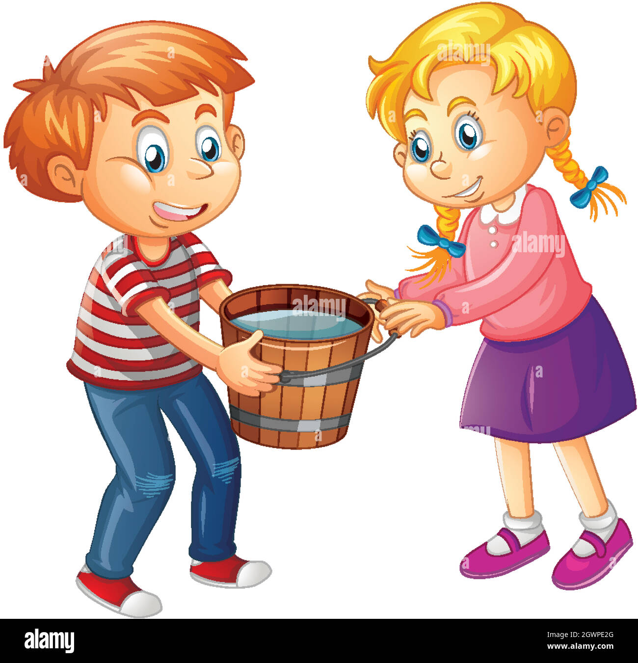 Boy and girl holding a wooden bucket full of water on white background Stock Vector