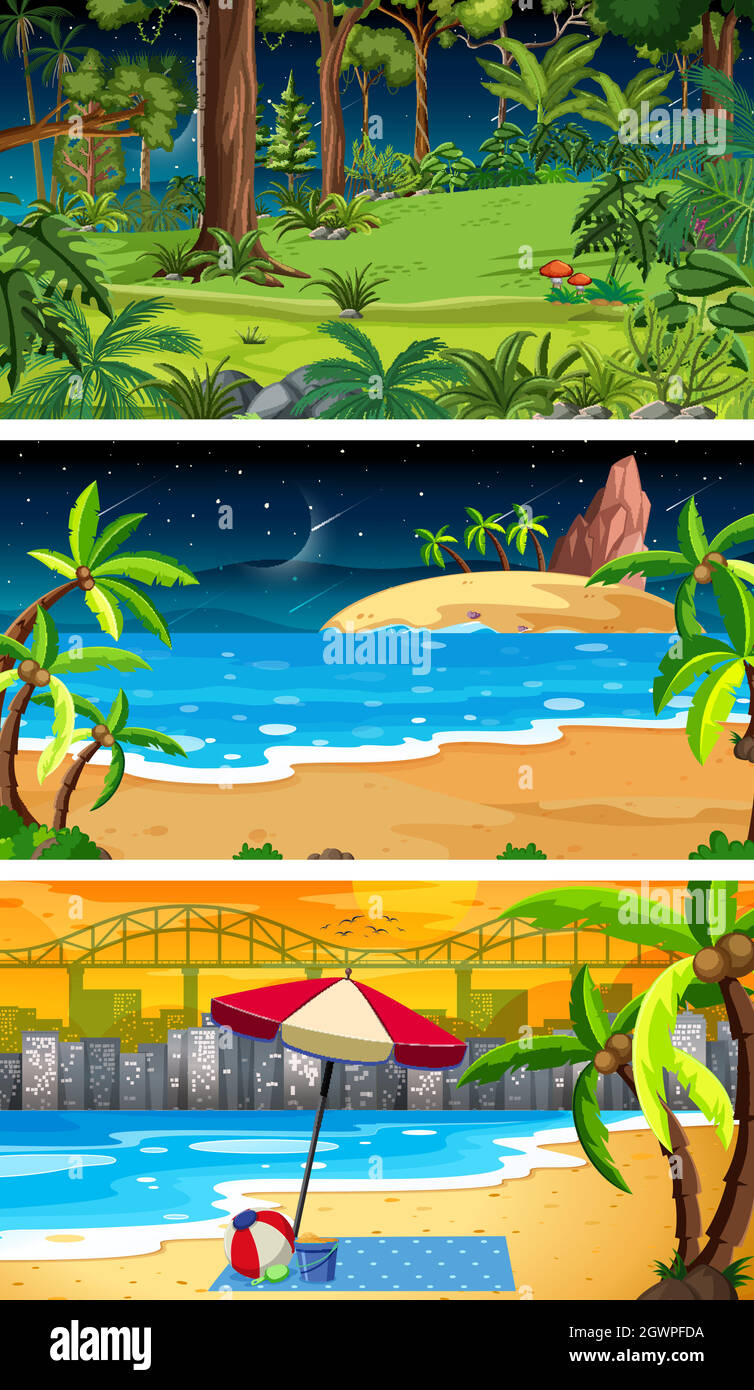 Three different nature horizontal scenes Stock Vector