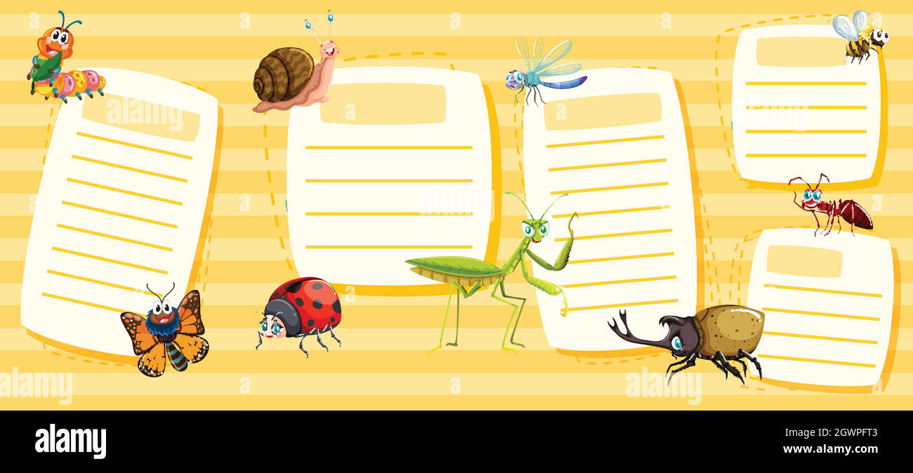 Set of yellow insect notes Stock Vector