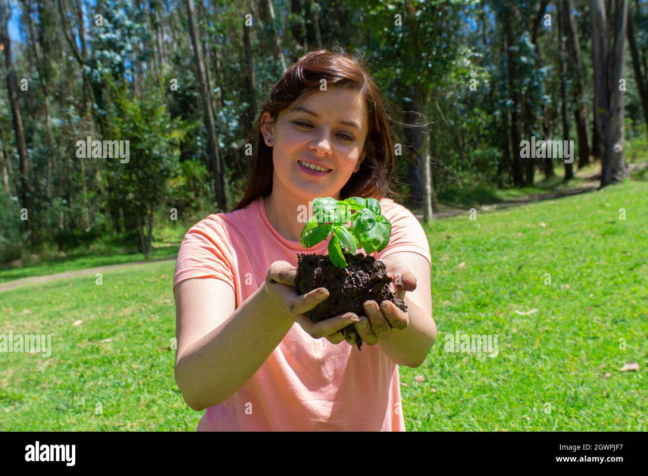 Beautiful young Hispanic woman holding a small plant in her field hands before being planted in a green field surrounded by trees during the morning Stock Photo
