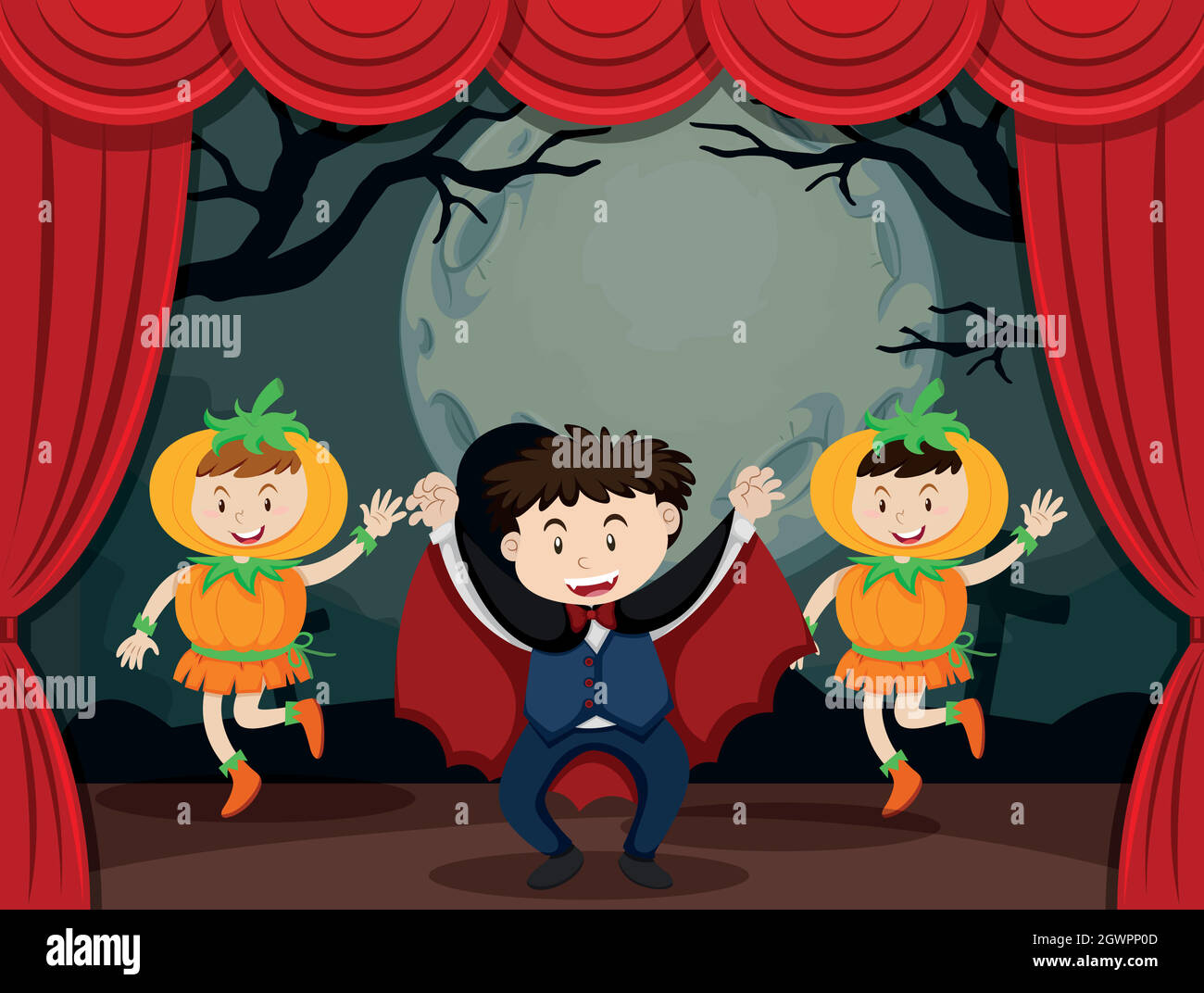 Vampire and pumpkin on stage Stock Vector