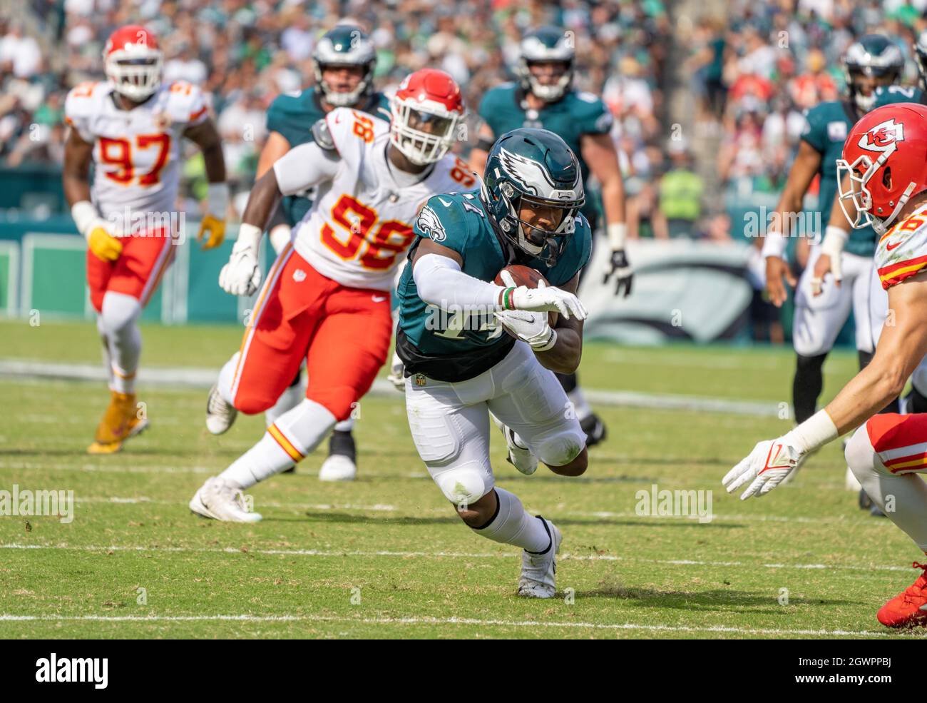 Philadelphia, Pennsylvania, USA. 3rd Oct, 2021. Eagles running back KENNETH GAINWELL, #14, looks for running room during an NFL football game between the Philadelphia Eagles and the Kansas City Chiefs at Lincoln Financial Field in Philadelphia, Pennsylvania. The Chiefs won 42-30. (Credit Image: © Jim Z. Rider/ZUMA Press Wire) Stock Photo