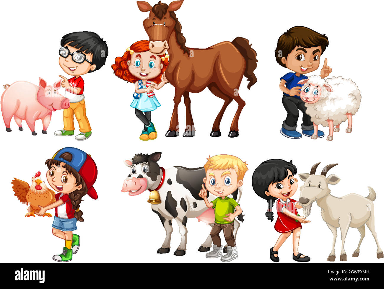 Happy children with farm animals on white background Stock Vector