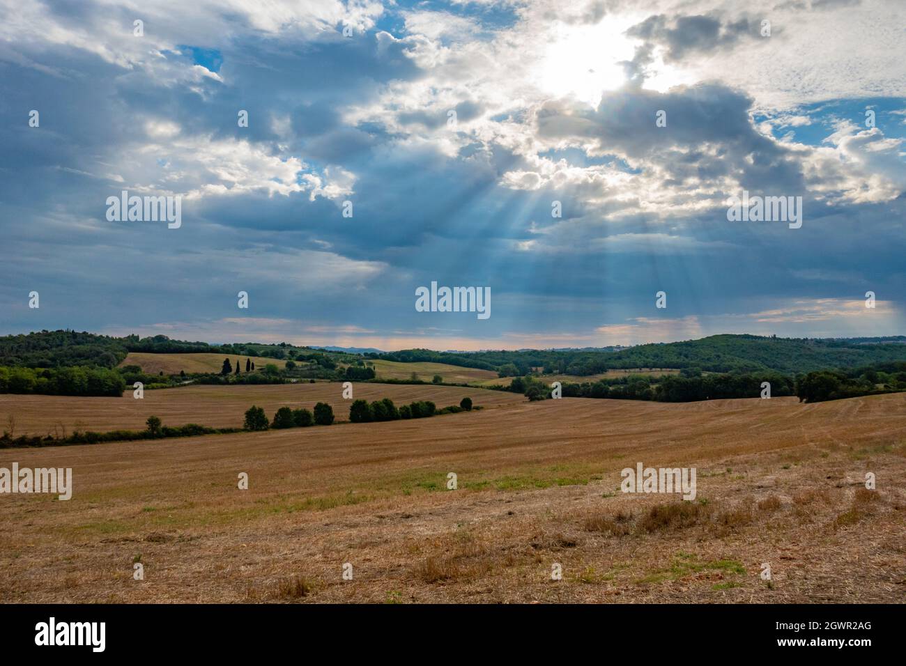 Landscape at early morning along via Francigena, Tuscany, Italy Stock Photo