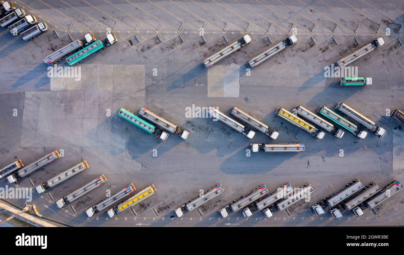 Aerial Top View Automobile Or Automotive Fuel Tankers Business And Industry Fuel, Semi Truck Stock Photo