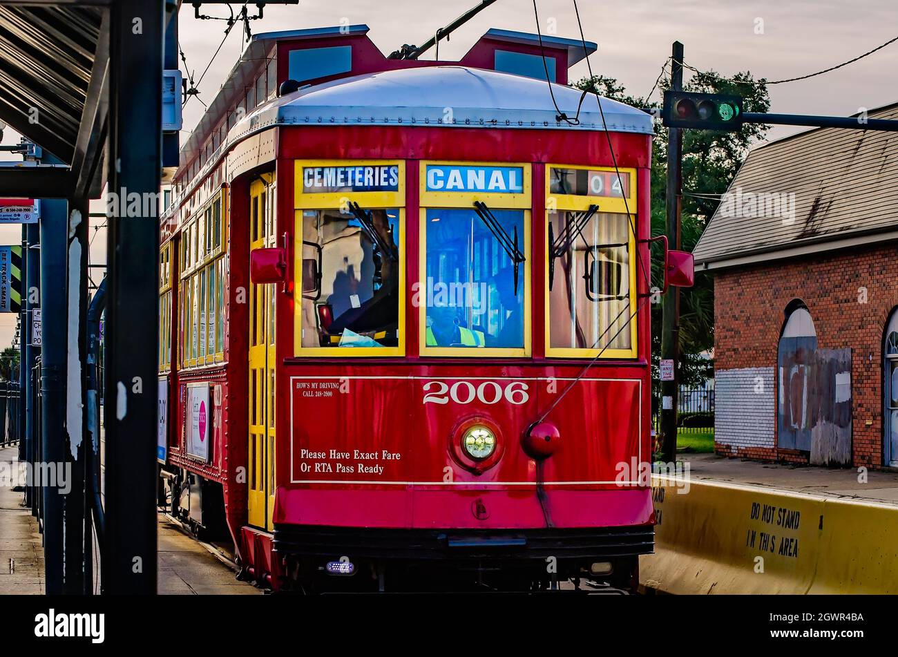 A New Orleans streetcar pulls into a sheltered stop near the cemeteries at the end of the Canal Street route, Nov. 14, 2015, in New Orleans, Louisiana. Stock Photo