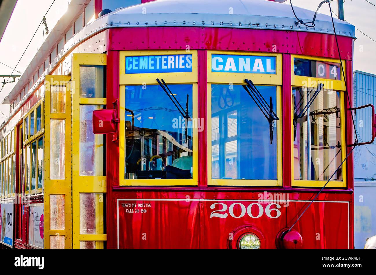 A New Orleans streetcar is stopped with the doors open at the end of the Canal Street route, Nov. 14, 2015, in New Orleans, Louisiana. Stock Photo